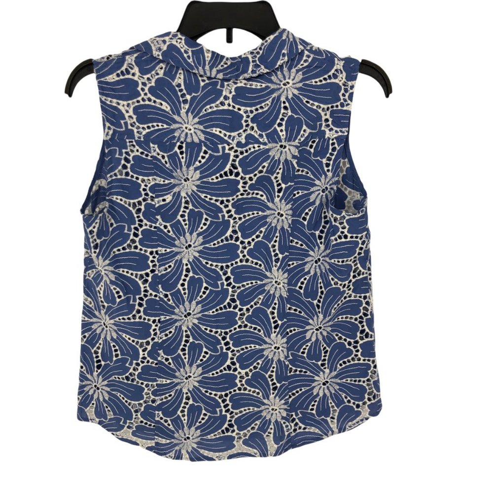 Anne Klein Top Size XS Womens Blue White Floral Eyelet Embroidered Cotton Tank T - Picture 2 of 9